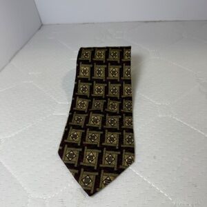 Mens Silk Tie Brown Gold Geometric Pattern Classic Vintage Necktie